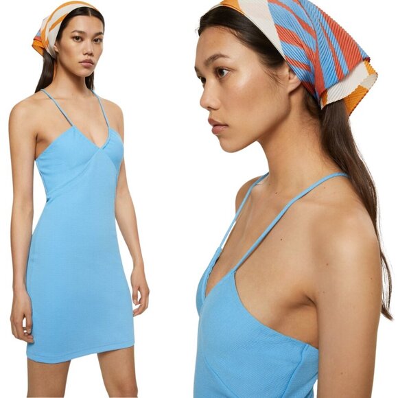 Mango Crisscross Strap Bodycon Mini Dress Women's 2 Blue Going Out Ribbed NWOT - Picture 2 of 14